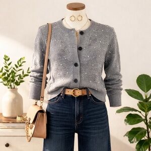 Gray Nanette Lepore Women's Size L Cardigan Sweater with Rhinestone Accents